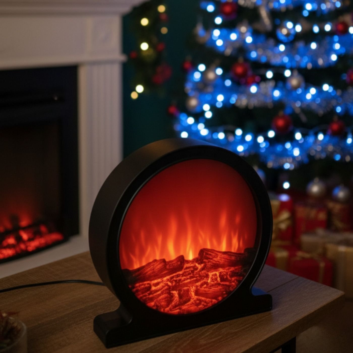 Кръгла декоративна LED камина с реалистичен ефект на въглени